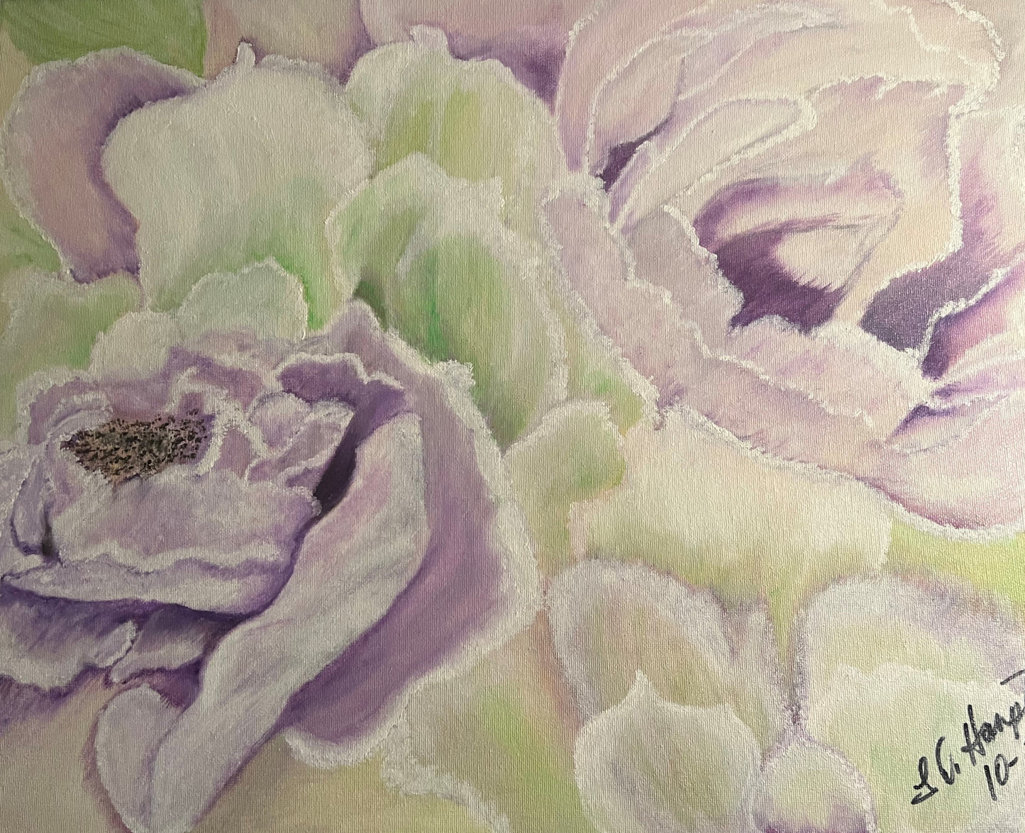 Purple and Green Flower Pastel in Oil